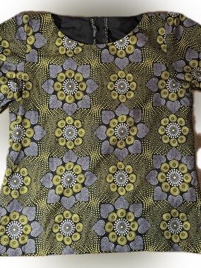 Hand-tailored African Wax Print Print Puff-Sleeve Blouse in Olive and Lavender